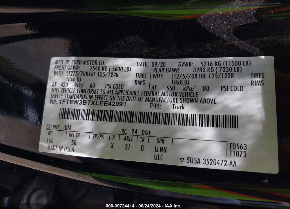2020 FORD F-350 LARIAT VIN: 1FT8W3BTXLEE42091