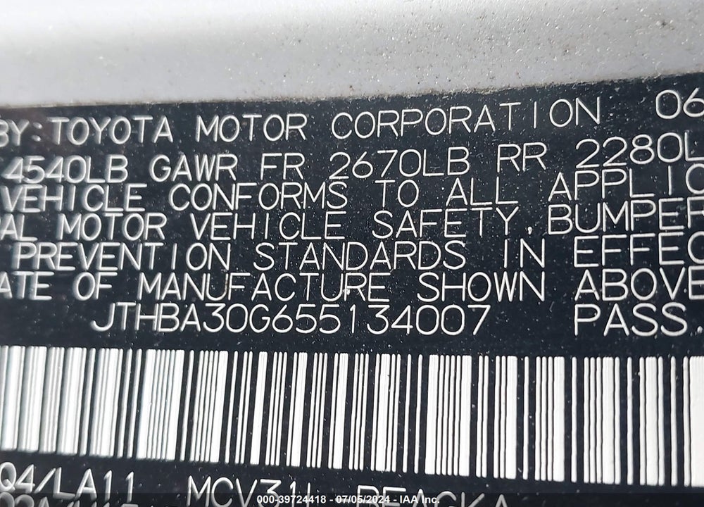 2005 LEXUS ES 330 VIN: JTHBA30G655134007
