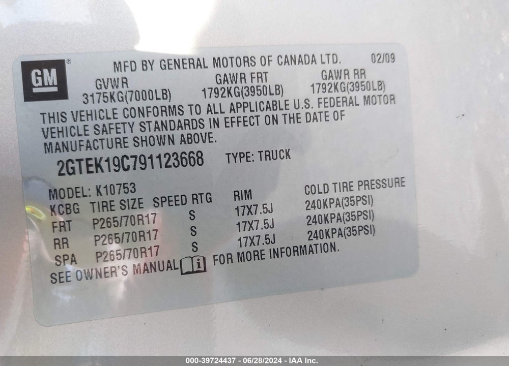 2009 GMC SIERRA 1500 SL VIN: 2GTEK19C791123668