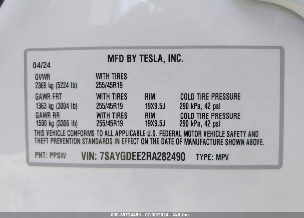 2024 TESLA MODEL Y LONG RANGE DUAL MOTOR ALL-WHEEL DRIVE VIN: 7SAYGDEE2RA282490
