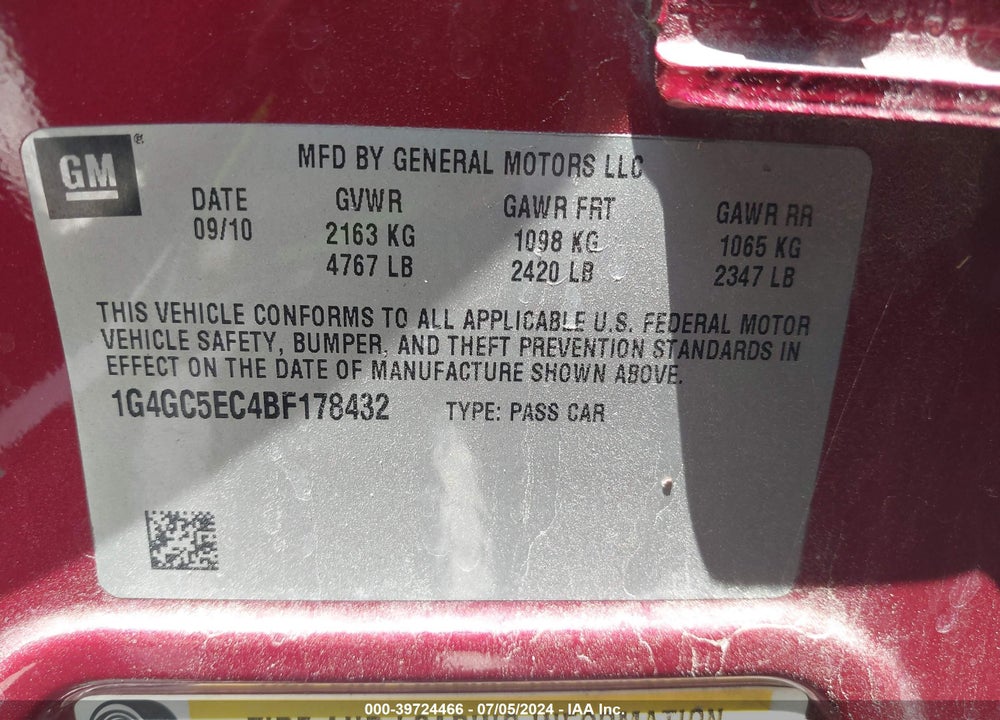 2011 BUICK LACROSSE CXL VIN: 1G4GC5EC4BF178432
