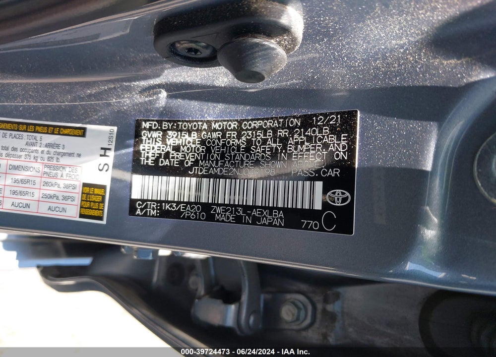 2022 TOYOTA COROLLA HYBRID LE VIN: JTDEAMDE2NJ049198