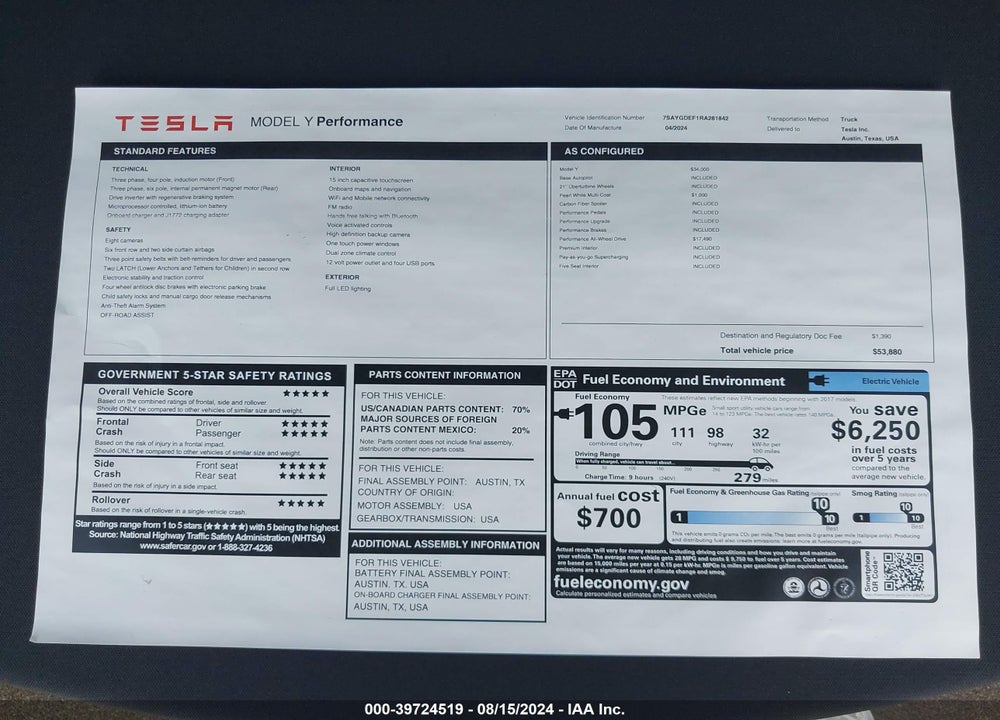 2024 TESLA MODEL Y PERFORMANCE DUAL MOTOR ALL-WHEEL DRIVE VIN: 7SAYGDEF1RA281842