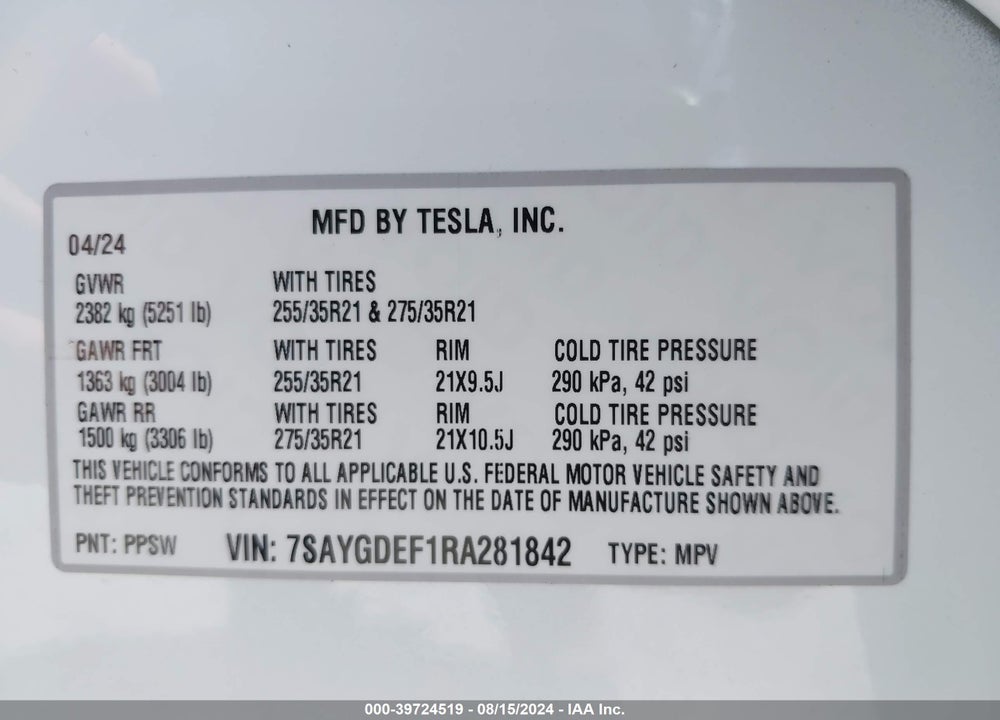 2024 TESLA MODEL Y PERFORMANCE DUAL MOTOR ALL-WHEEL DRIVE VIN: 7SAYGDEF1RA281842