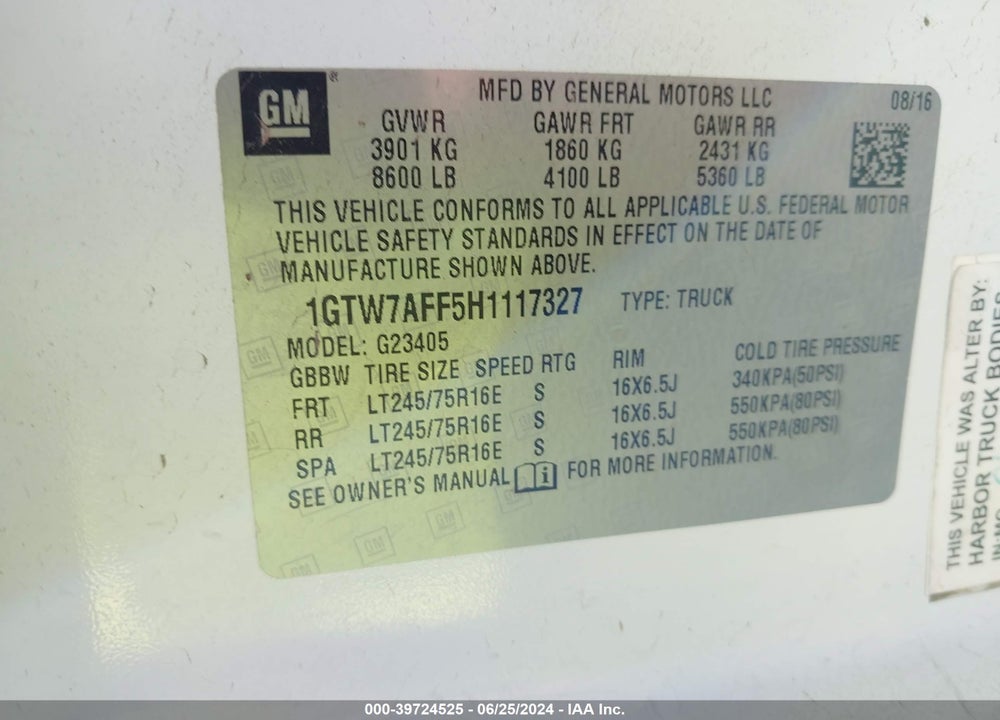 2017 GMC SAVANA 2500 WORK VAN VIN: 1GTW7AFF5H1117327