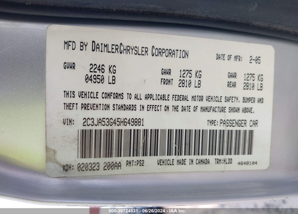 2005 CHRYSLER 300 VIN: 2C3JA53G45H649881