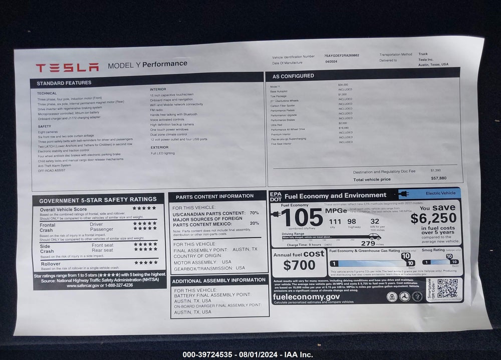 2024 TESLA MODEL Y PERFORMANCE DUAL MOTOR ALL-WHEEL DRIVE VIN: 7SAYGDEF2RA269862