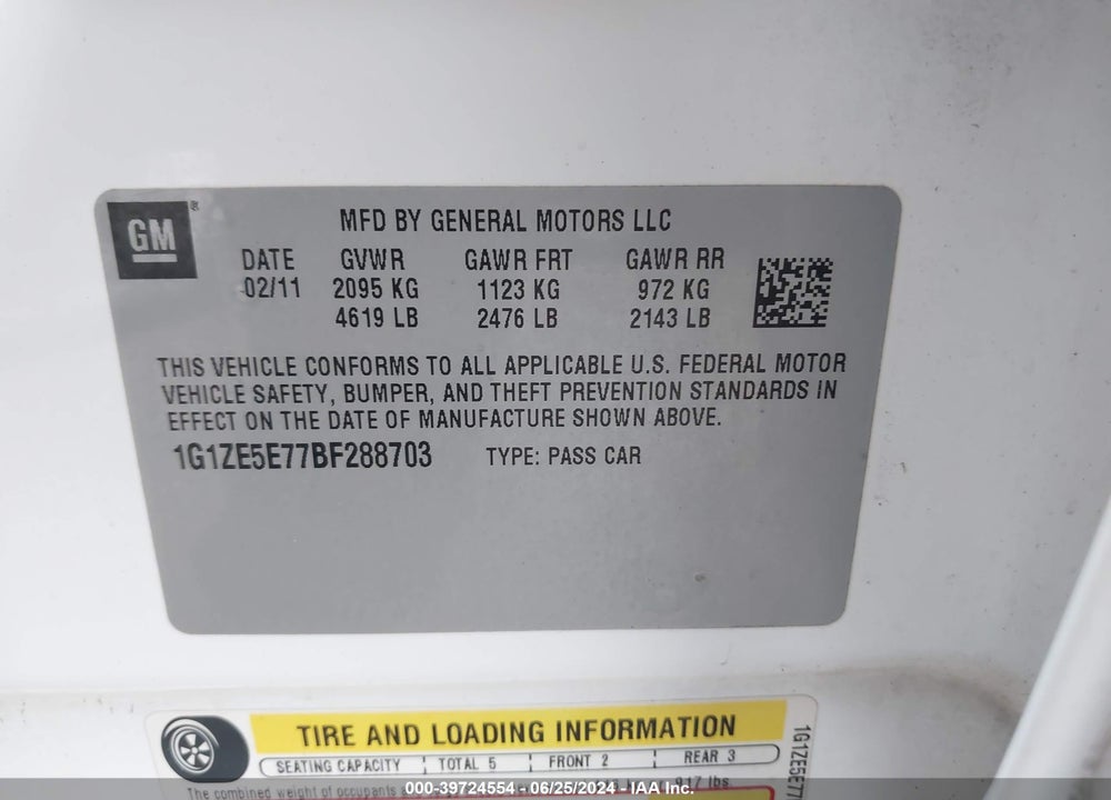 2011 CHEVROLET MALIBU LTZ VIN: 1G1ZE5E77BF288703