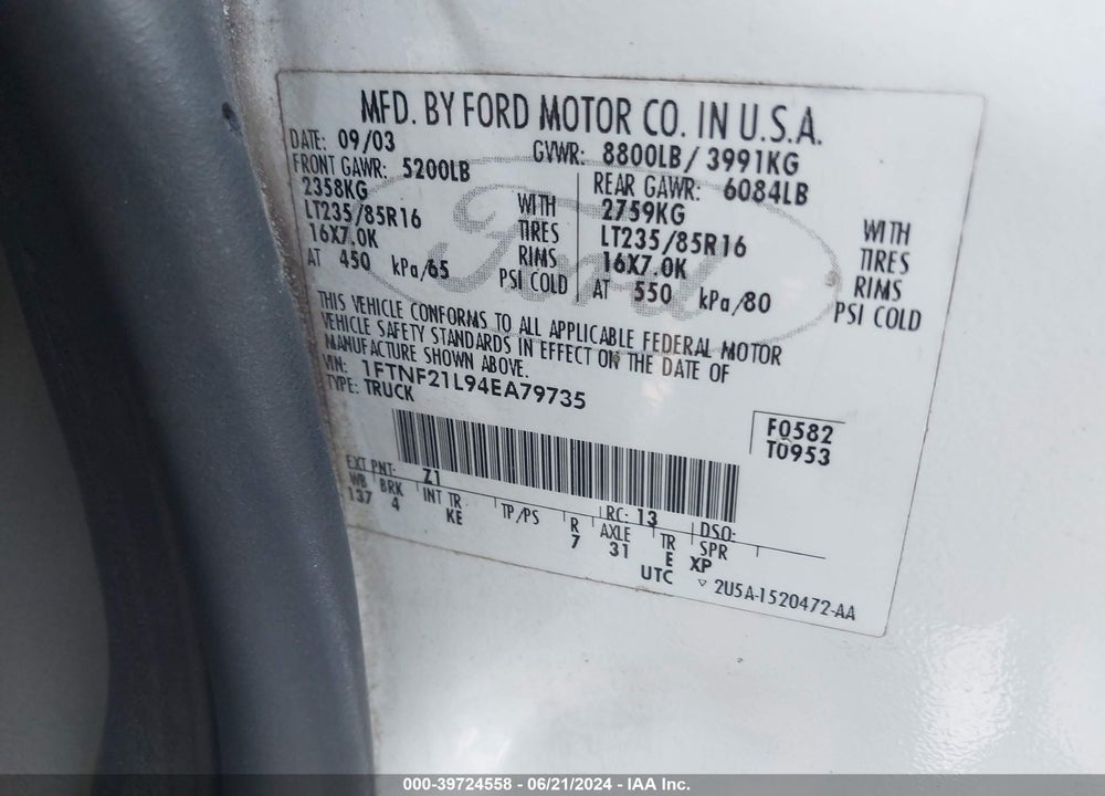 2004 FORD F-250 XL/XLT VIN: 1FTNF21L94EA79735