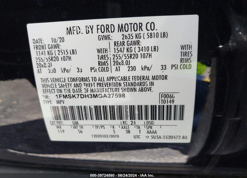 2021 FORD EXPLORER VIN: 1FMSK7DH3MGA27598