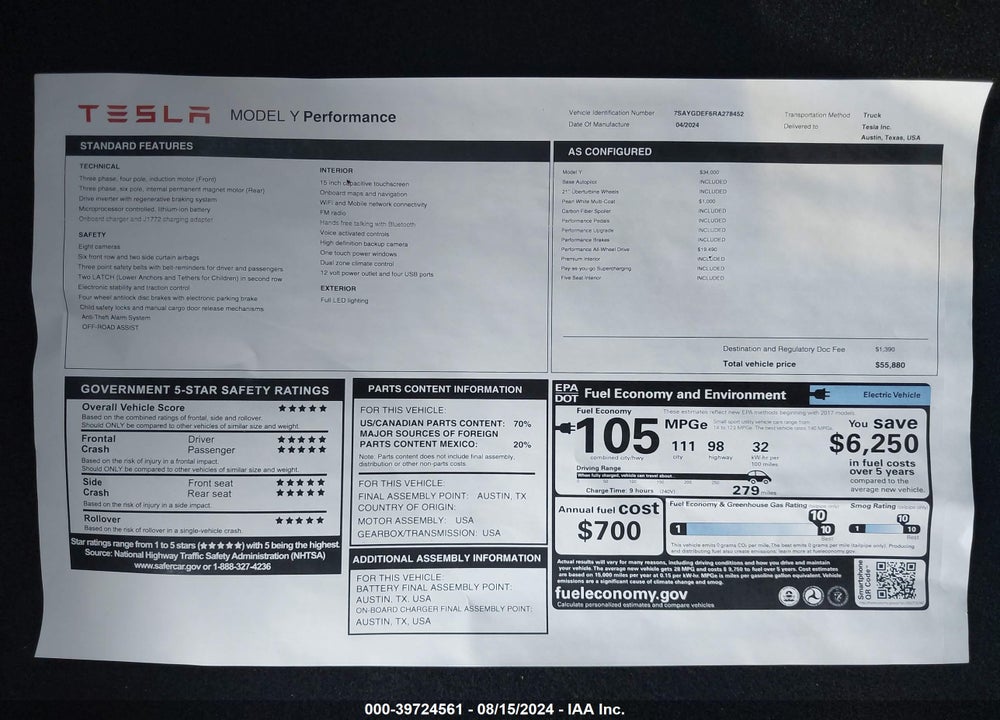 2024 TESLA MODEL Y PERFORMANCE DUAL MOTOR ALL-WHEEL DRIVE VIN: 7SAYGDEF6RA278452