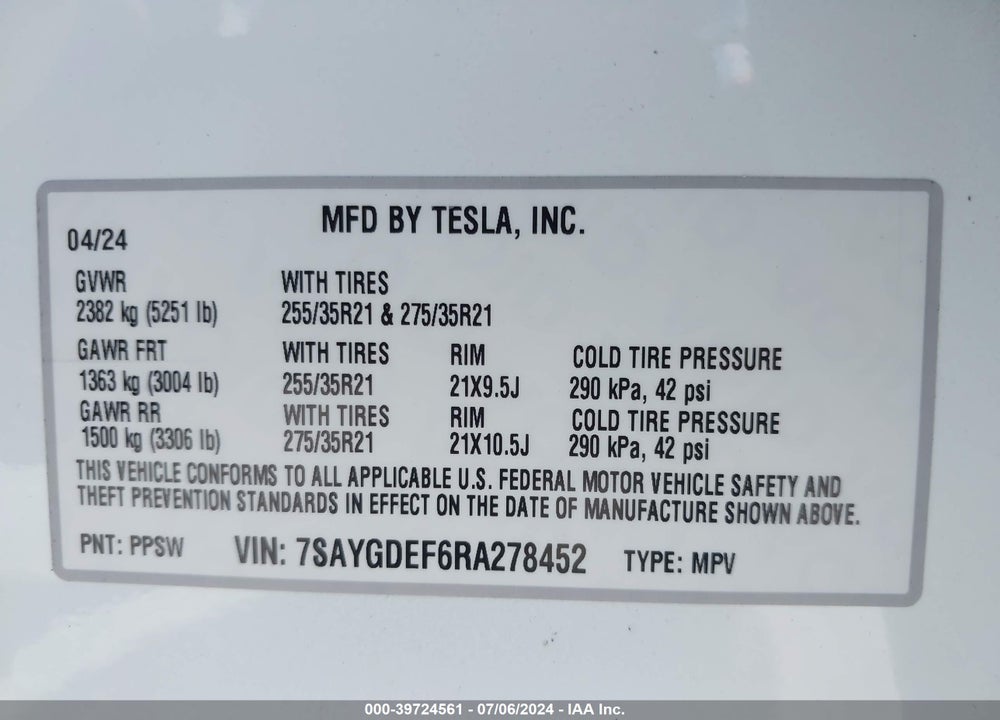 2024 TESLA MODEL Y PERFORMANCE DUAL MOTOR ALL-WHEEL DRIVE VIN: 7SAYGDEF6RA278452
