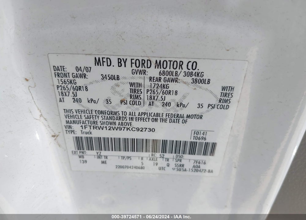 2007 FORD F-150 XLT VIN: 1FTRW12W97KC92730