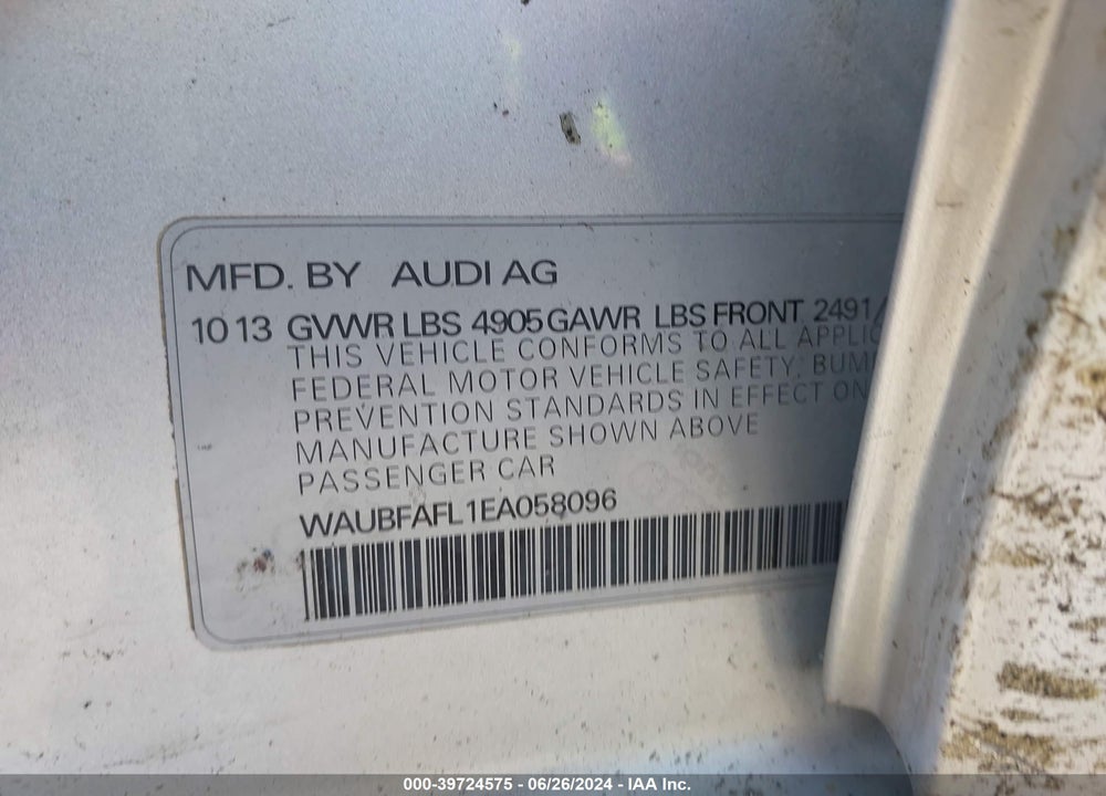 2014 AUDI A4 2.0T PREMIUM VIN: WAUBFAFL1EA058096