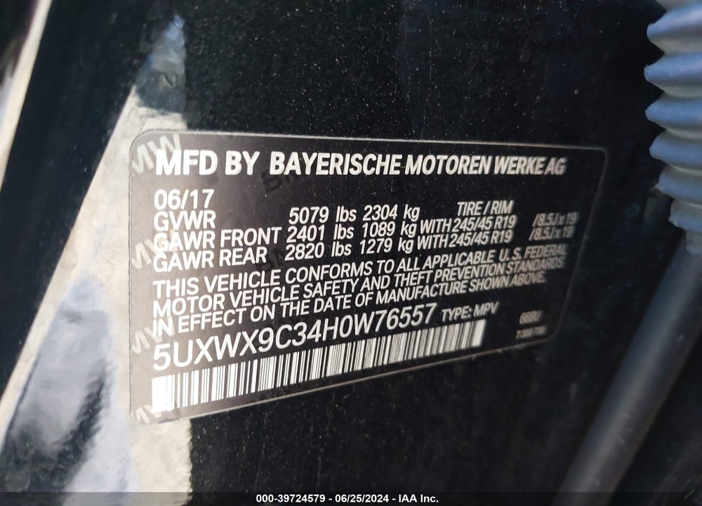 2017 BMW X3 XDRIVE28I VIN: 5UXWX9C34H0W76557