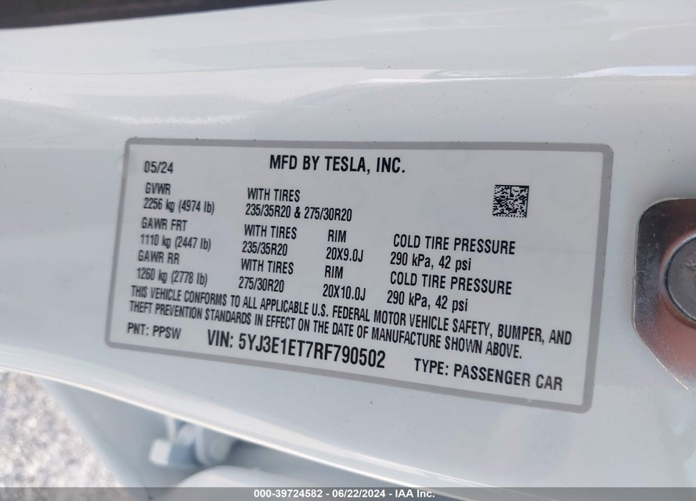 2024 TESLA MODEL 3 VIN: 5YJ3E1ET7RF790502