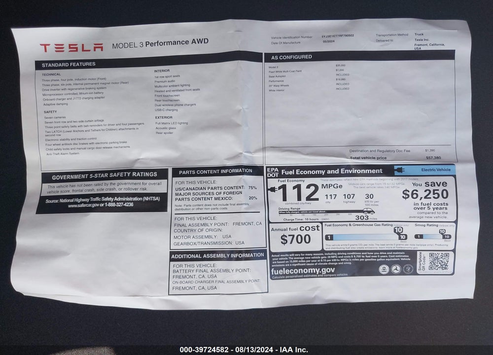 2024 TESLA MODEL 3 VIN: 5YJ3E1ET7RF790502