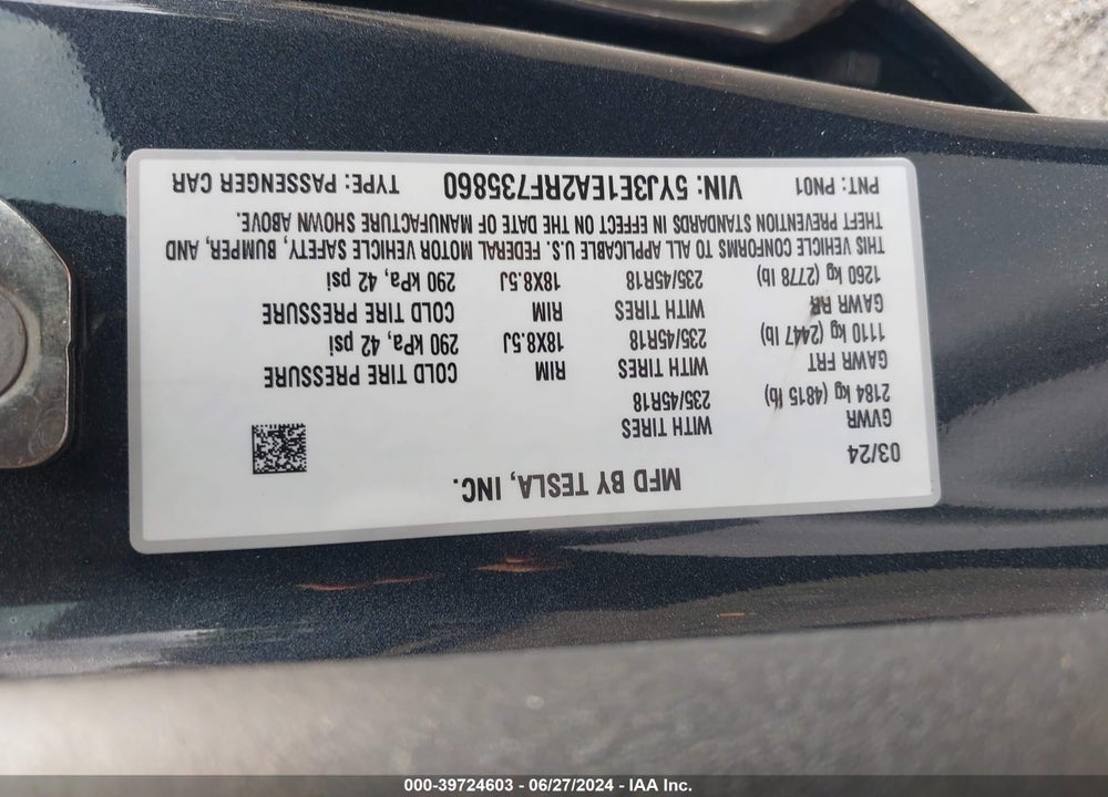 2024 TESLA MODEL 3 REAR-WHEEL DRIVE VIN: 5YJ3E1EA2RF735860