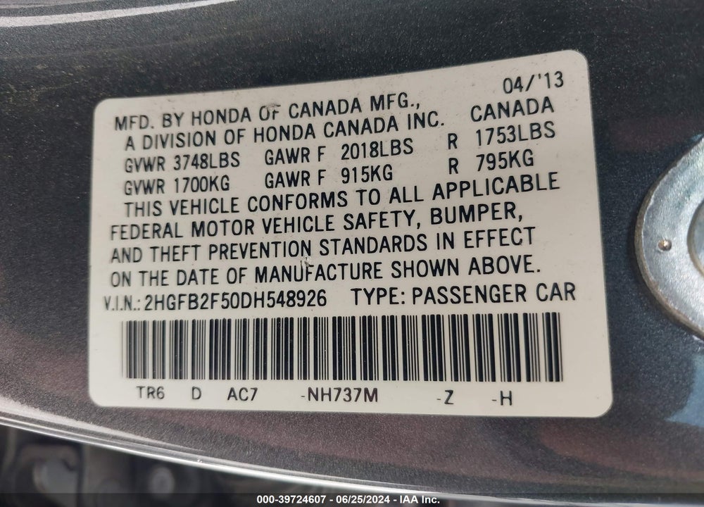 2013 HONDA CIVIC LX VIN: 2HGFB2F50DH548926