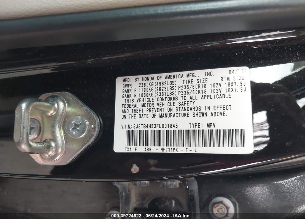 2015 ACURA RDX VIN: 5J8TB4H53FL001845