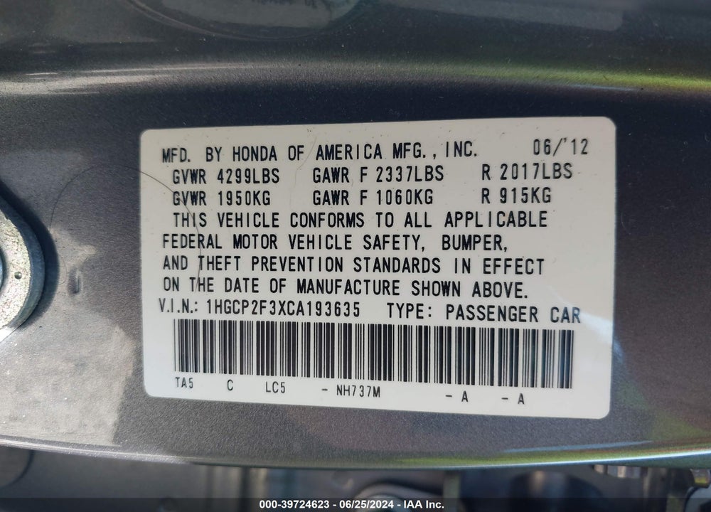 2012 HONDA ACCORD 2.4 LX VIN: 1HGCP2F3XCA193635