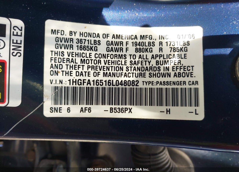 2006 HONDA CIVIC LX VIN: 1HGFA16516L048082