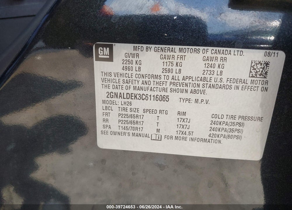 2012 CHEVROLET EQUINOX 1LT VIN: 2GNALDEK3C6116065