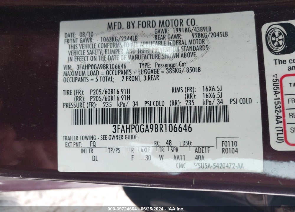 2011 FORD FUSION VIN: 3FAHP0GA9BR106646