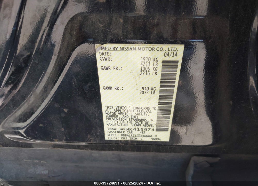 2014 NISSAN ALTIMA 2.5 S VIN: 1N4AL3AP6EC415974