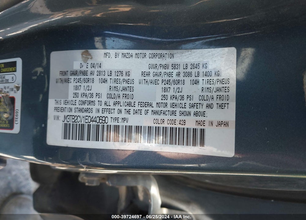 2014 MAZDA CX-9 TOURING VIN: JM3TB2CV1E0440690