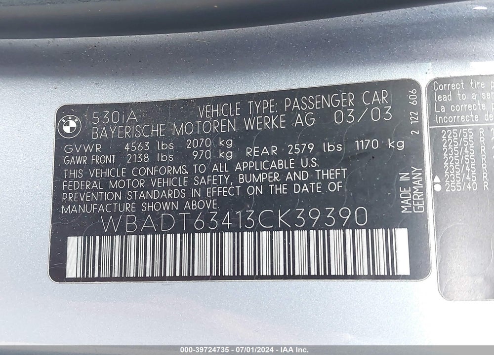 2003 BMW 530IA VIN: WBADT63413CK39390