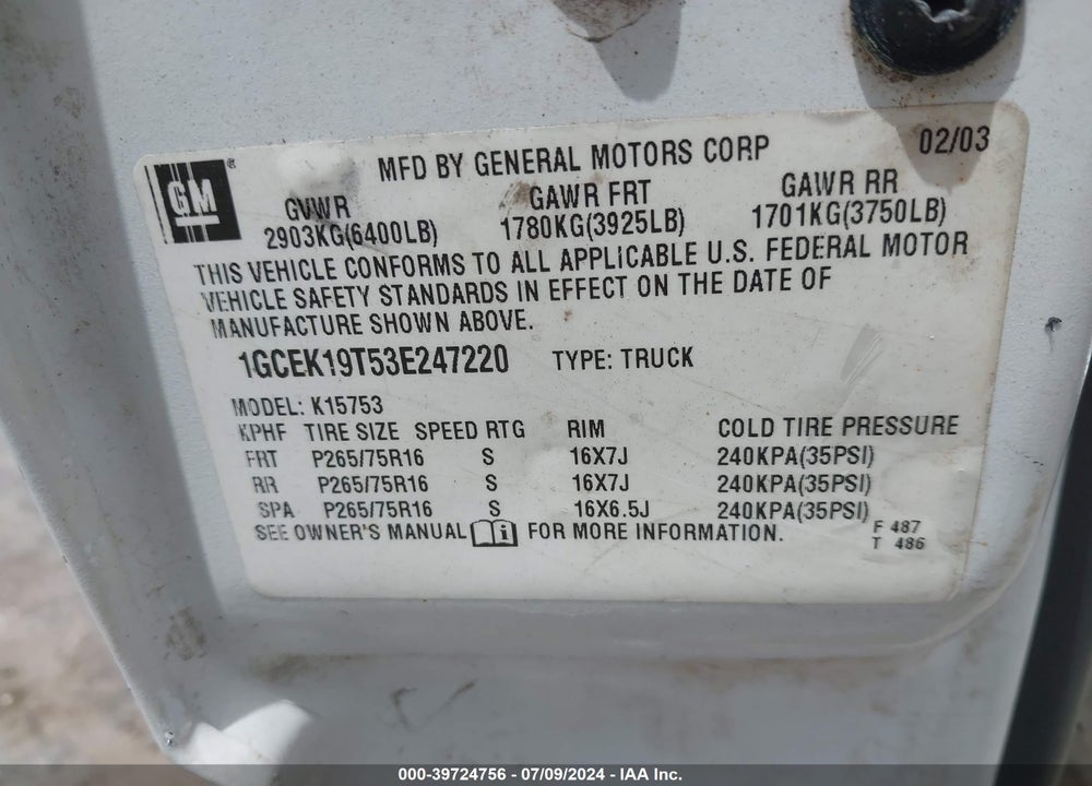 2003 CHEVROLET SILVERADO 1500 LT VIN: 1GCEK19T53E247220