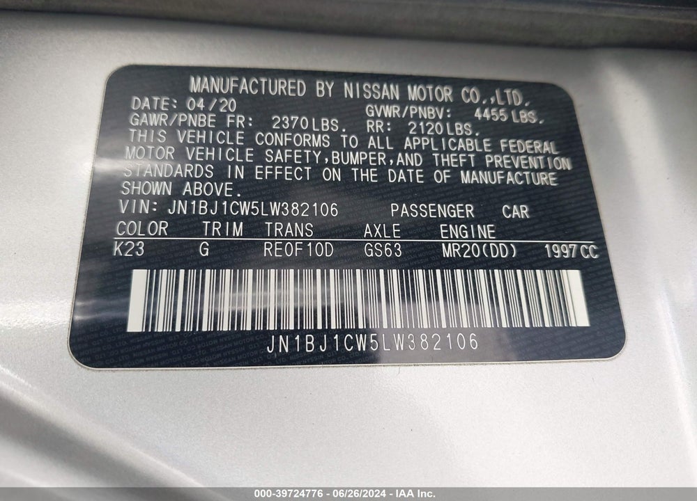 2020 NISSAN ROGUE SPORT S AWD XTRONIC CVT VIN: JN1BJ1CW5LW382106