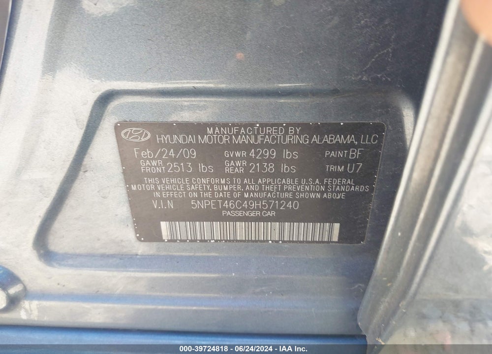 2009 HYUNDAI SONATA GLS VIN: 5NPET46C49H571240