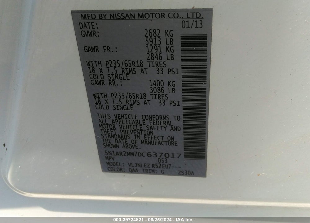 2013 NISSAN PATHFINDER SV VIN: 5N1AR2MM7DC637017
