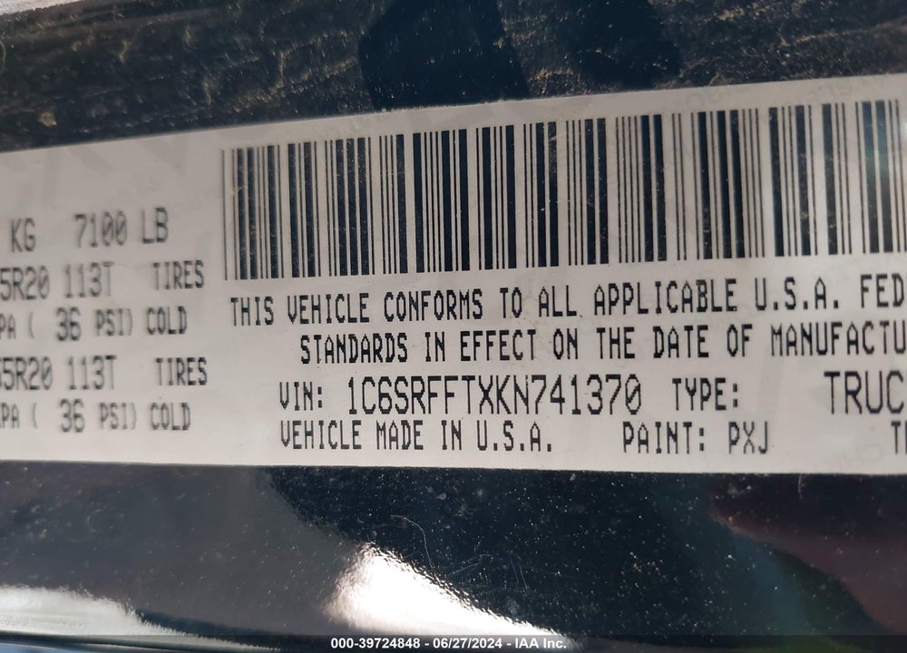 2019 RAM 1500 BIG HORN/LONE STAR 4X4 5'7 BOX VIN: 1C6SRFFTXKN741370