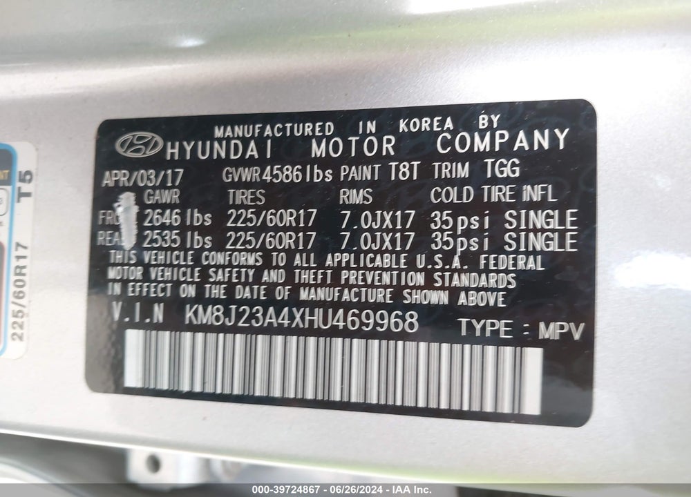 2017 HYUNDAI TUCSON SE VIN: KM8J23A4XHU469968