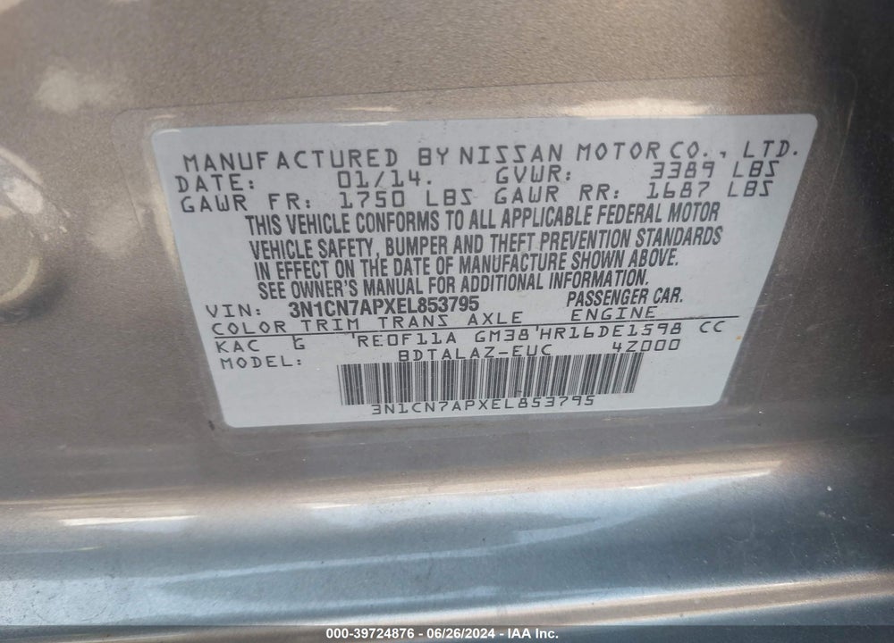 2014 NISSAN VERSA 1.6 S+ VIN: 3N1CN7APXEL853795