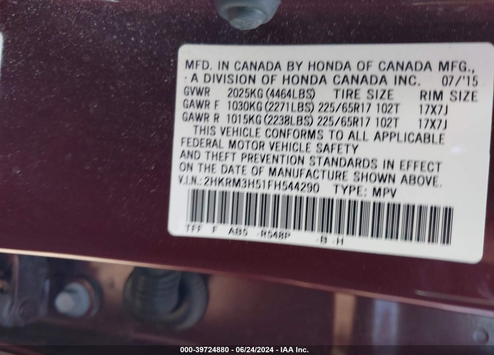 2015 HONDA CR-V EX VIN: 2HKRM3H51FH544290