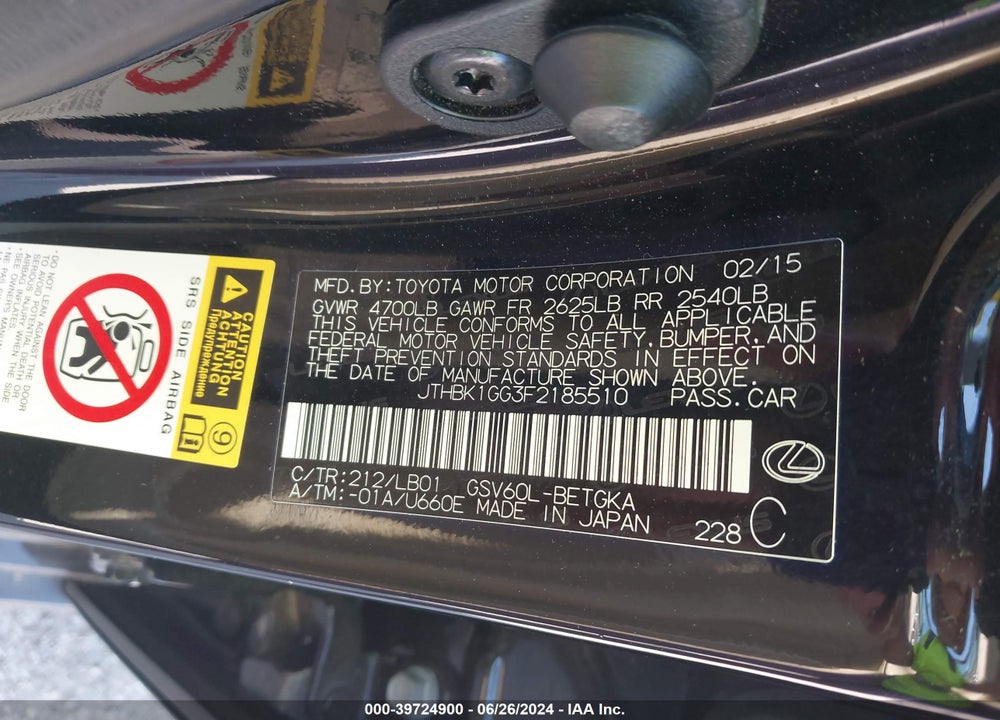 2015 LEXUS ES 350 VIN: JTHBK1GG3F2185510
