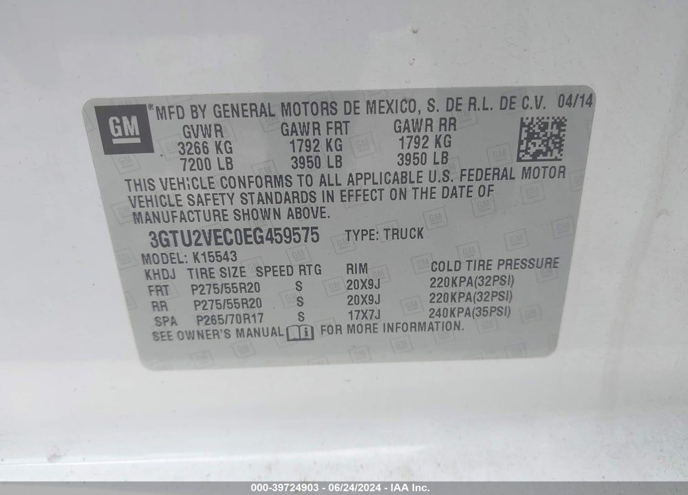2014 GMC SIERRA 1500 VIN: 3GTU2VEC0EG459575