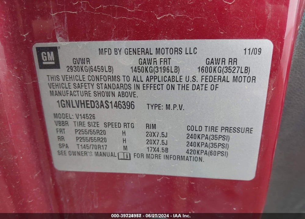 2010 CHEVROLET TRAVERSE LTZ VIN: 1GNLVHED3AS146396