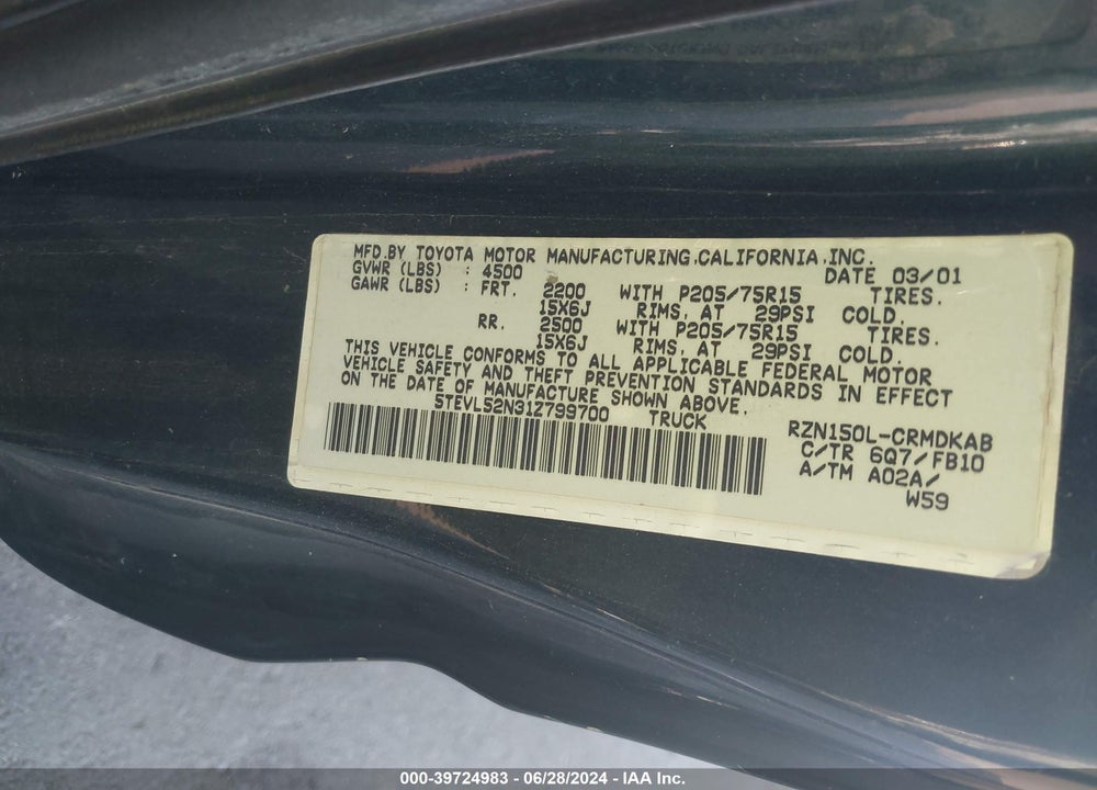 2001 TOYOTA TACOMA VIN: 5TEVL52N31Z799700