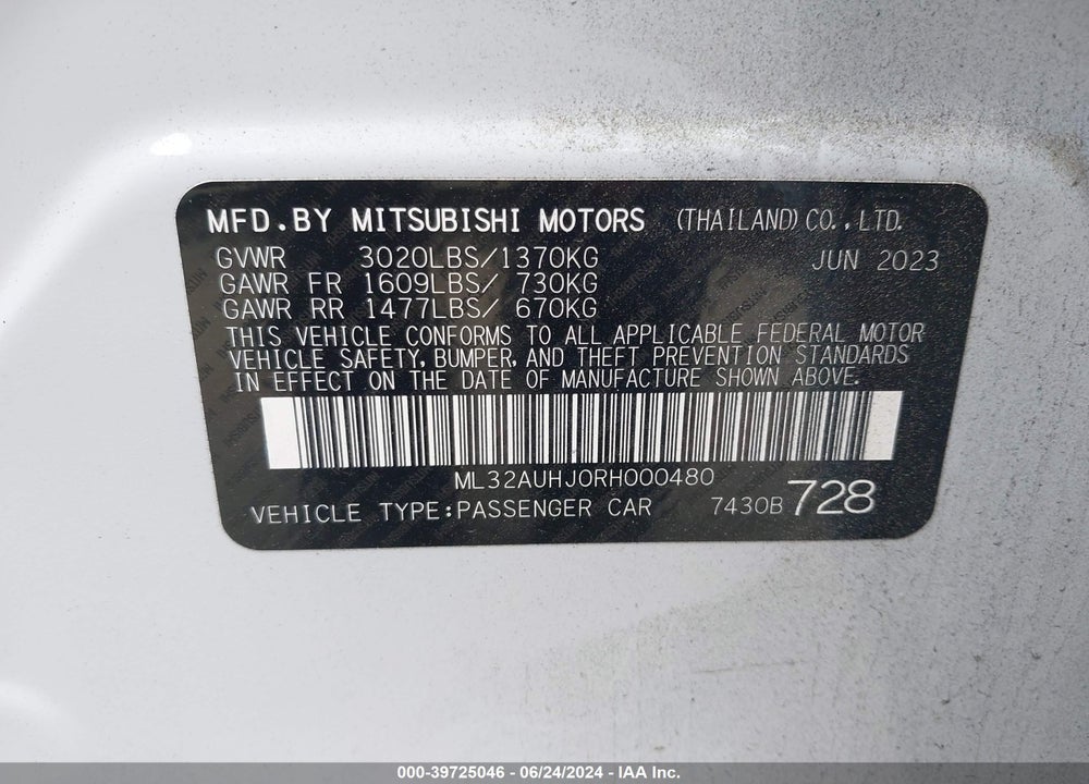 2024 MITSUBISHI MIRAGE ES/LE VIN: ML32AUHJ0RH000480