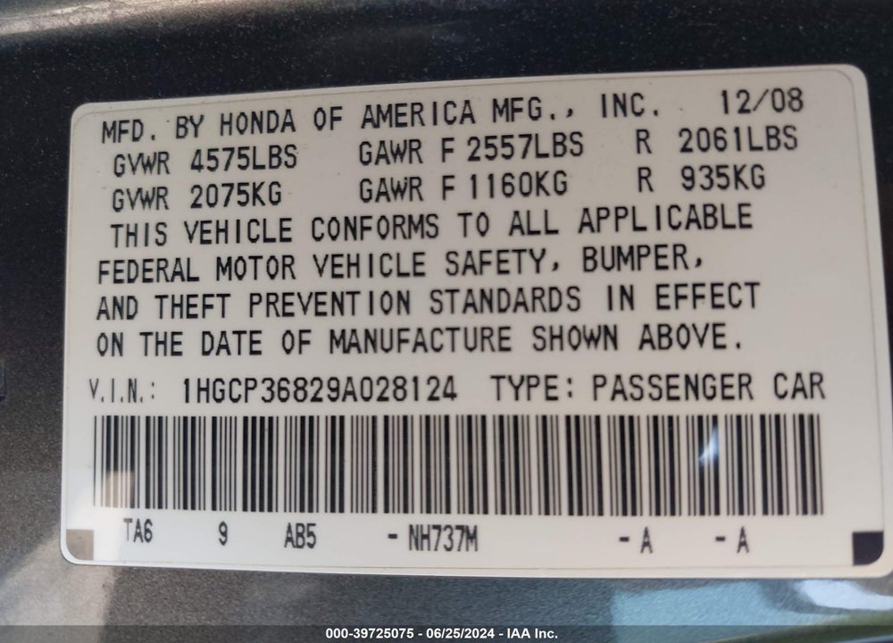 2009 HONDA ACCORD 3.5 EX-L VIN: 1HGCP36829A028124