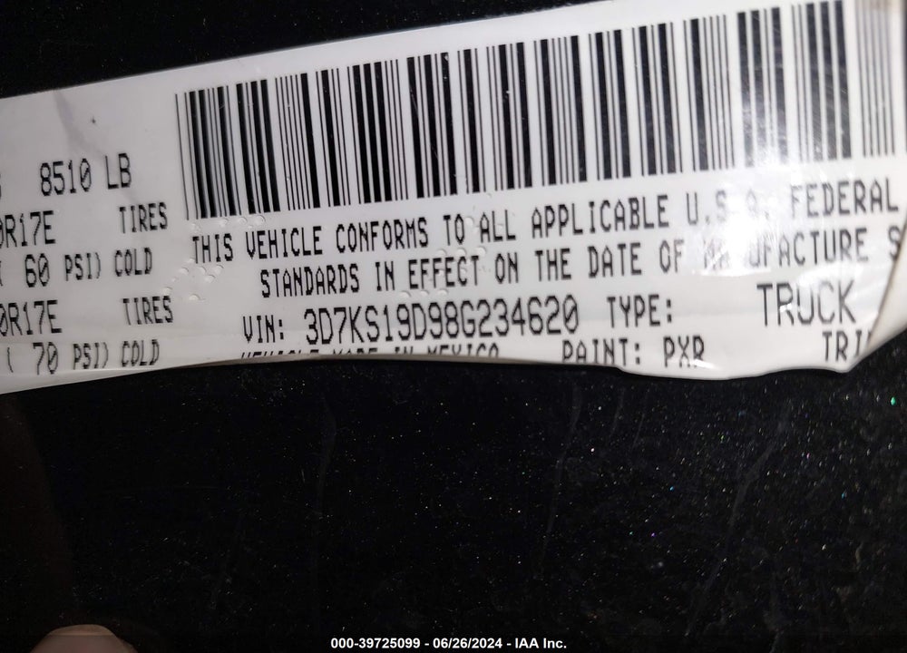2008 DODGE RAM 1500 SXT/SLT VIN: 3D7KS19D98G234620