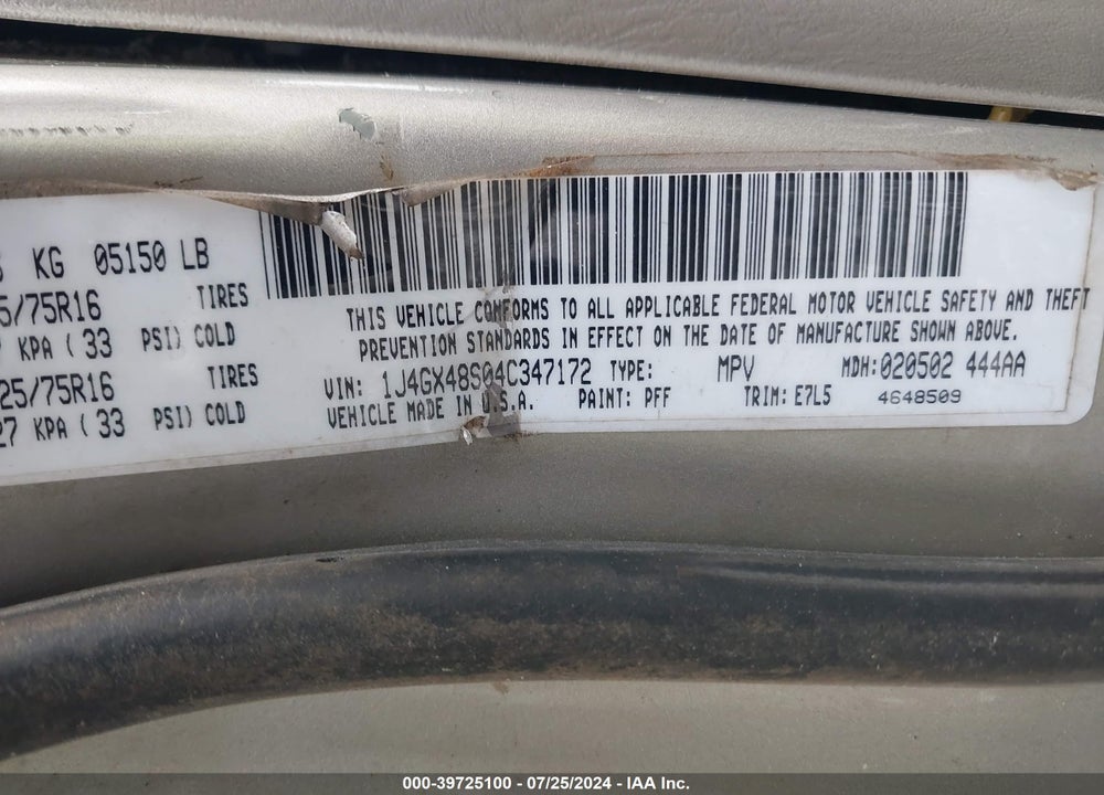 2004 JEEP GRAND CHEROKEE LAREDO VIN: 1J4GX48S04C347172