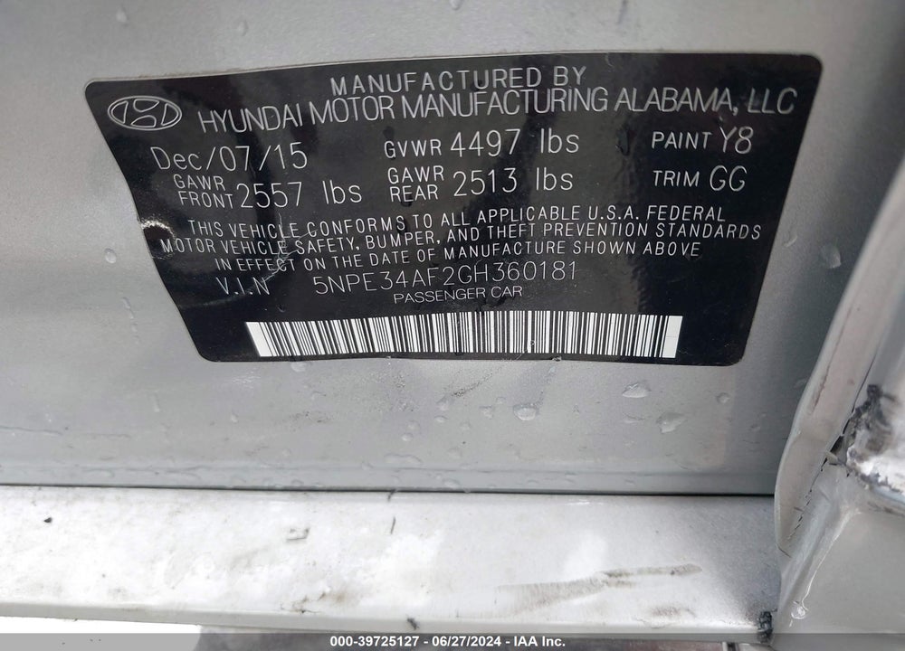 2016 HYUNDAI SONATA SPORT VIN: 5NPE34AF2GH360181