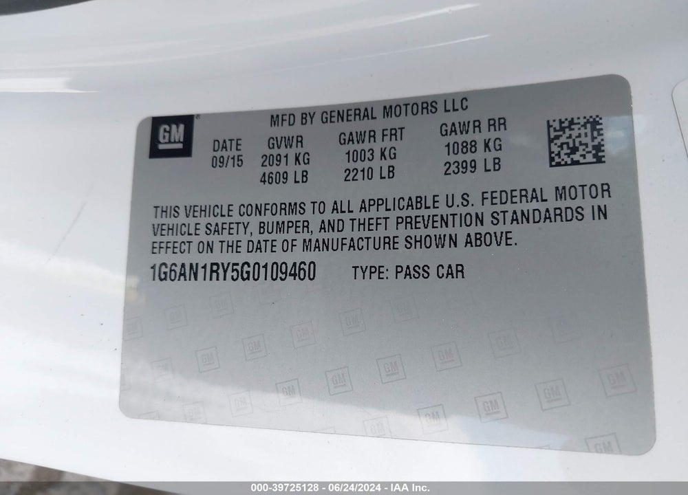2016 CADILLAC ATS-V VIN: 1G6AN1RY5G0109460
