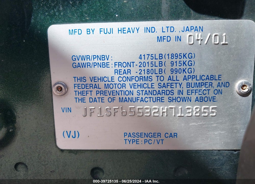 2002 SUBARU FORESTER S VIN: JF1SF65532H713855